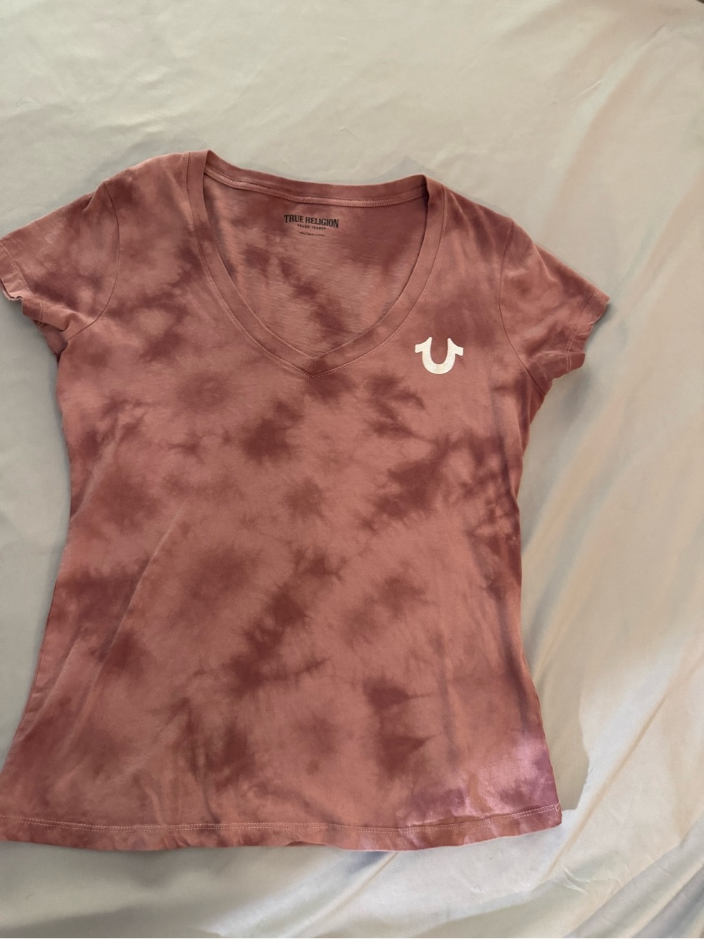 True Religion Mauve Tie-Dye V-Neck Tee with Silver Logo - Women’s Large